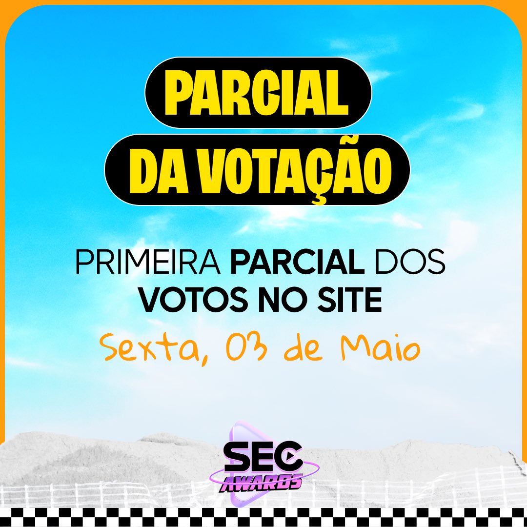 A primeira parcial da votação do #SECAwards 2024 será divulgada nesta sexta-feira, 03 de maio. 📢 Aproveite para votar: secawards.com.br 🎯