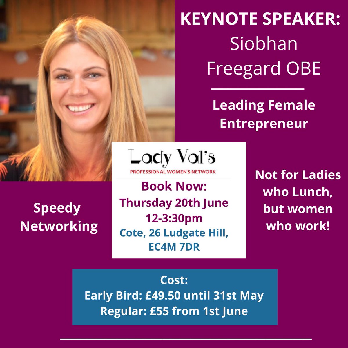 *ANNOUNCEMENT!* Channel Mum Founder, Siobhan Freegard, who previously founded the UK’s biggest parenting website, Netmums, is our special guest speaker!

Join Siobhan and our amazing network of leading female professionals on Thursday 20th June.

Book via tickettailor.com/events/ladyval…