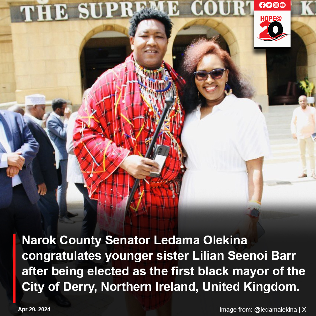 Narok County Senator Ledama Olekina congratulates younger sister Lilian Seenoi Barr after being elected as the first black mayor of the City of Derry, Northern Ireland, United Kingdom.
