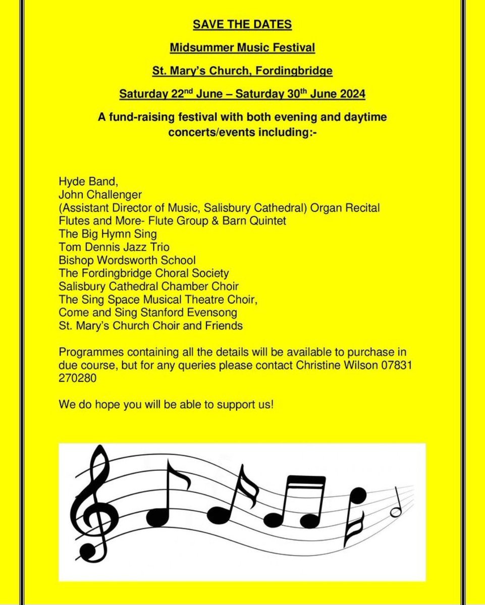 St Mary's Fordingbridge have a 9 day 'Midsummer Music Festival' rapidly approaching! 22nd - 30th June. Something for everyone: brass band, jazz, choirs, young musicians, organ recitals, & opportunities for you to join singing!  Lunch & eve concerts. Please save dates & re-post!