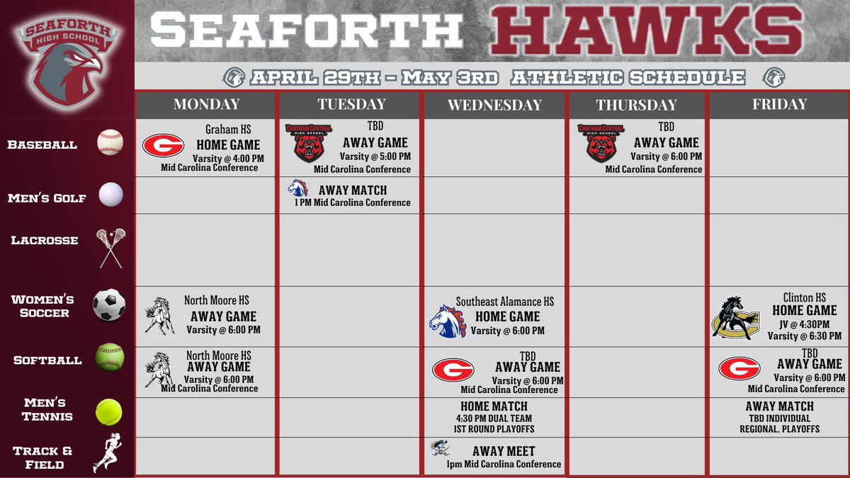 Hawks Weekly Athletic Schedule is now posted! Waiting to hear results for Women’s and Men’s Lacrosse playoffs later today. Let’s make it a great week Hawks! #WeAreSeaforth!