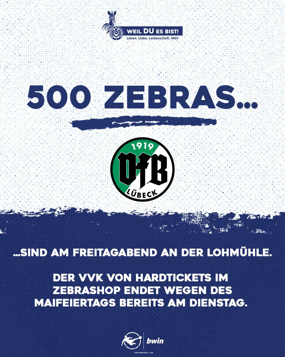 500 Mal Blau-Weiß am Freitagabend in Lübeck ✊💙 Auf folgenden Wegen gibt's noch Karten für die Partie: 📅🕛 Bis Di., 12 Uhr: Hardtickets im ZebraShop 🏟️🎟️ Gäste-Tageskasse 📱🎟️ Online-Tickets 👉 brnw.ch/21wJhlU ℹ️ brnw.ch/21wJhlV #VFBMSV #WeilDUesBist