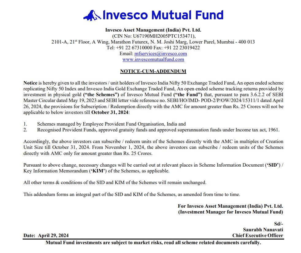 From November 1, 2024, the above investors can subscribe / redeem units of the ETFs directly with AMC only for amount greater than Rs. 25 Crores.

#invesco #invescomutualfund #invescoetf #ETF #ETFs