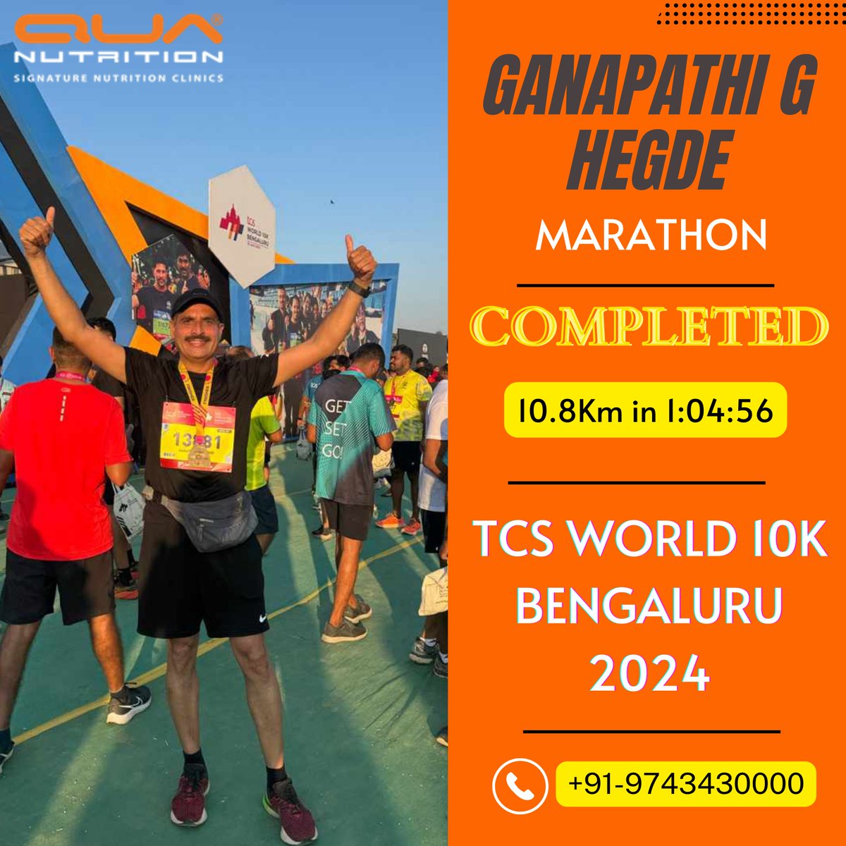 🏃‍♂️💨 Congrats to Ganapathi G Hegde for conquering the TCS World 10K Bengaluru 2024 with a time of 1:04:56! 🌟 Huge shoutout to our senior nutritionist Reethu Srinivas and specialist nutritionist Harini R for their incredible guidance. 🌿💪 #TCSWorld10K #QUANutrition #LinkInBio