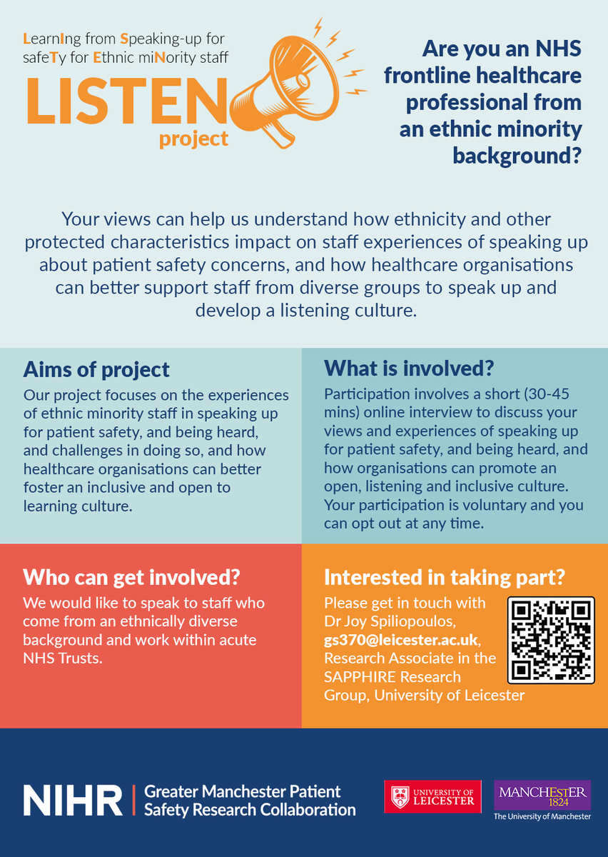 As part of @GM_PSRC we're researching experiences of speaking up about patient safety for minority ethnic staff. If you're an NHS frontline healthcare worker, any profession/role, who identifies as minority ethnic, we would love to interview you - see the poster to find out more!