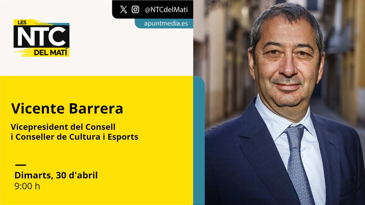 🎙️ Demà entrevistem @BarreraSimo, vicepresident del Consell i conseller de Cultura i Esports. ➡️ Amb @egraullera, @SUSIBOIXVAL i @Fausto6969 en la tertúlia. ⏰ A les 09:00 h 📻web.apunt.es/RàdioEnDirecte 📺web.apunt.es/DirecteTV