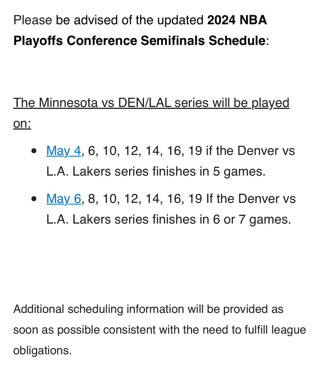 Assuming it’s Wolves vs. Nuggets next round, Games 3 and 4 at Target Center set for May 10th and 12th. Times TBA. #WolvesBack