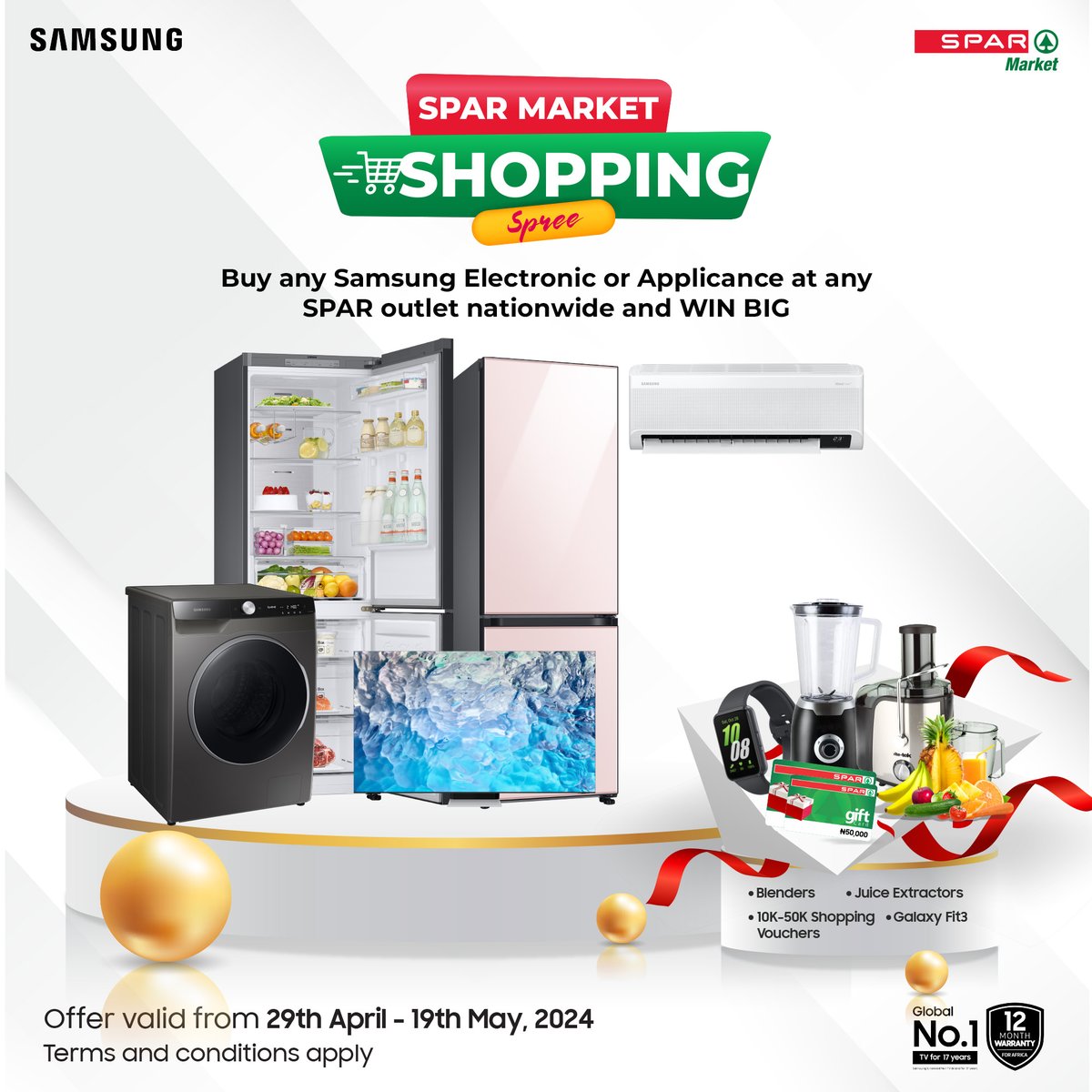 Looking for a chance to win BIG? Head to any SPAR outlets nationwide and purchase Samsung Electronics & Appliances for a chance to win incredible gifts worth up to ₦100,000. With every purchase, you get a scratch card to claim your gift instantly. #SamsungNigeria