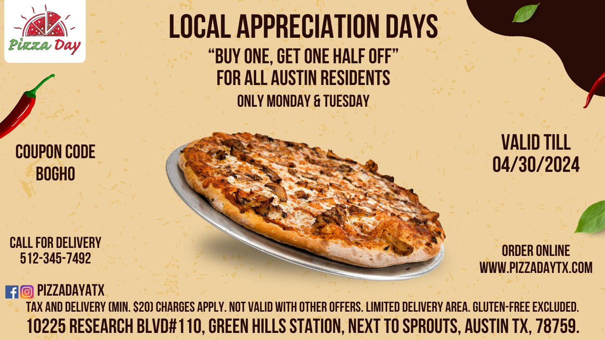 Hey Austin! Mondays and Tuesdays just got tastier! Buy one pizza, get the second at half price as our token of appreciation to our local community.

Coupon Code: BOGHO
Call to order: 512-345-7492
Order Online: pizzadaytx.com

#pizzadaytx #keepaustineatin #pizzafamily
