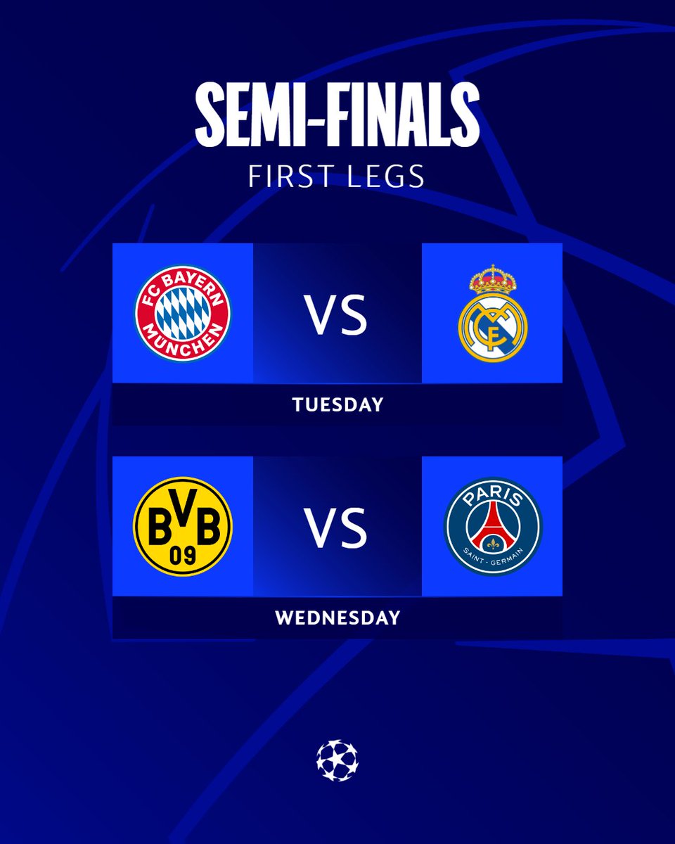 🏆 UEFA Şampiyonlar Ligi'nde yarı final heyecanı başlıyor! ▫️ 30 Nisan Salı I 22.00 ▪️ Bayern Münih - Real Madrid ▫️ 1 Mayıs I 22.00 ▪️ Borussia Dortmund - PSG @ChampionsLeague | #UCL