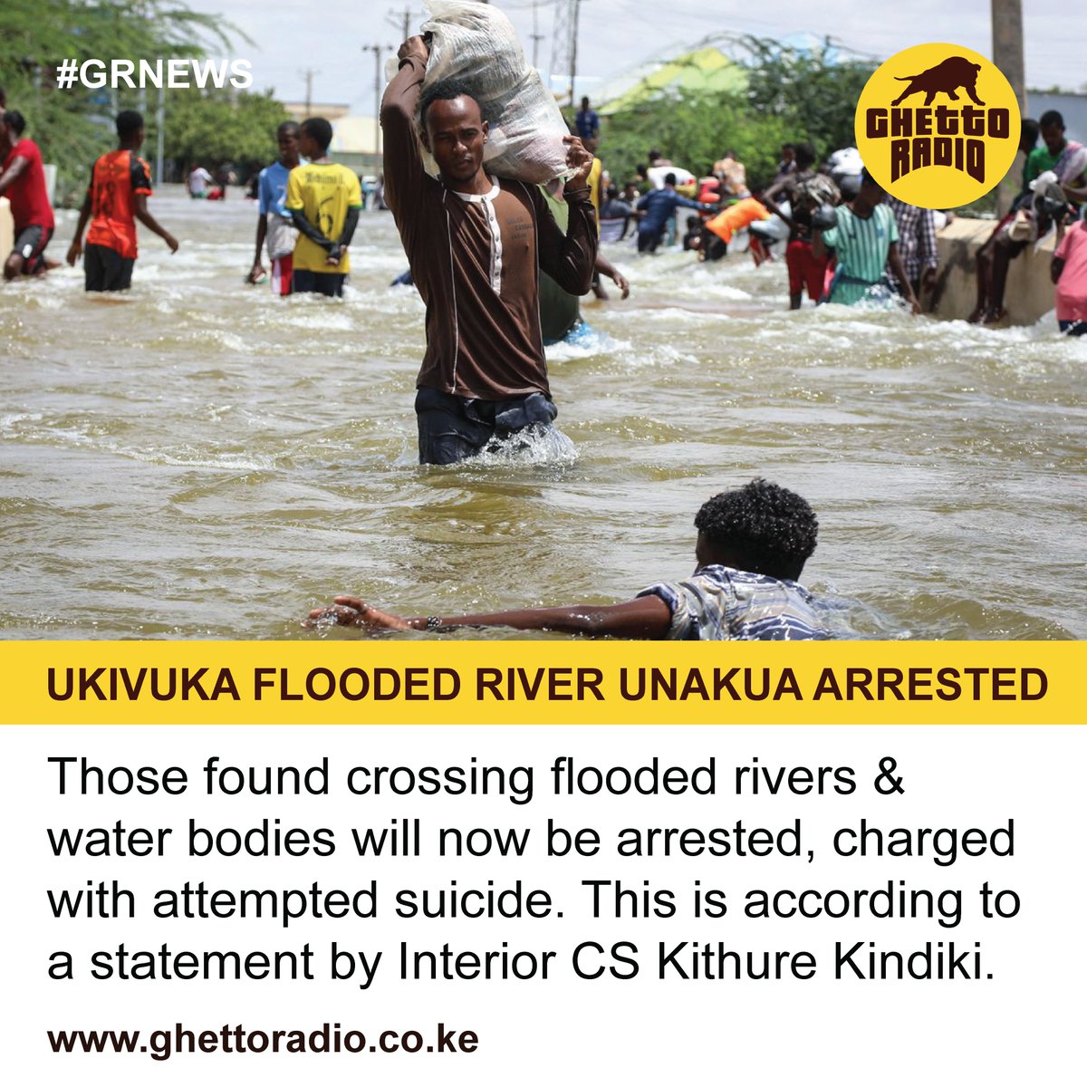 Ukivuka Flooded River Unalala Ndani!

Kenyans found crossing flooded rivers will be arrested and charged with attempted suicide and/or attempted murder.
#GRNews
#Goteana