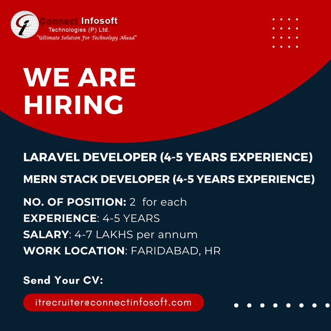 We are hiring

Laravel Developer (4-5 Years Experience)

MERN Stack Developer (4-5 Years Experience)
Send CV: itrecruiter@connectinfosoft.com
#connectinfosoftcareer #LaravelDeveloper #Laraveljobs #MERNStack #MERNStackDeveloper #MERNStackjobs #MERNStackDeveloperjobs #MERNStack