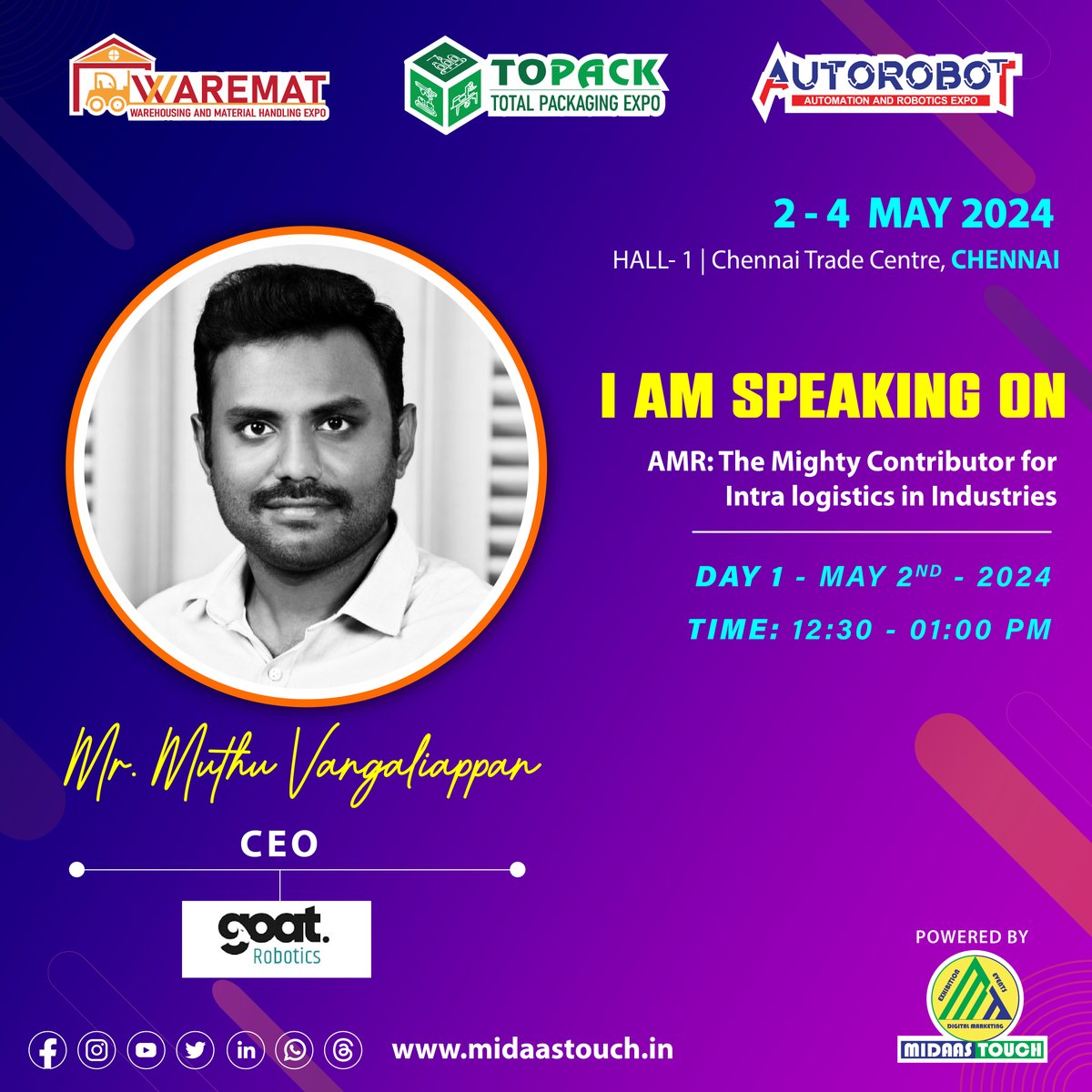 AutorobotExpo's tweet photo. ๐Ready to elevate your brand & expand your business horizons? Discover the possibilities @ WAREMAT | TOPACK | AUTOROBOT 3 B2B Expo & 2-Day Seminar, Just 2 days Left!
May 2nd to 4th, 2024 in CTC, Chennai
VISIT!! ENTRY FREE! ๐https://t.co/ur3WN1fQNc
@Goat Robotics #GoatRobotics https://t.co/5QLOTTXtRT