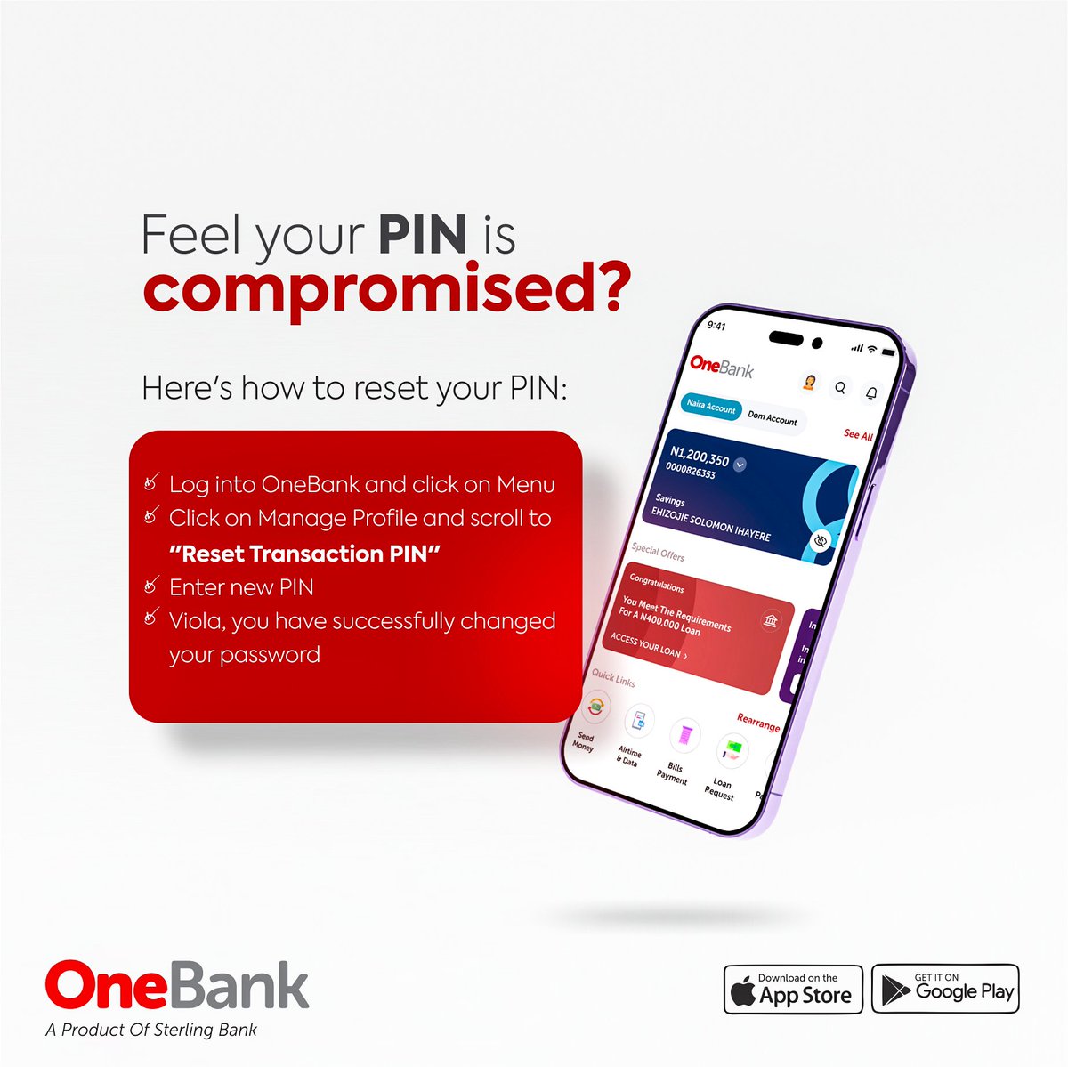 Need to reset your PIN? - Log into OneBank - ⁠Tap on Menu - ⁠Tap on Manage Profile and then Reset Transaction PIN - Enter new PIN - ⁠Voila, you've successfully changed your PIN #OneBank #OneBankBySterling #ANewWayToLive