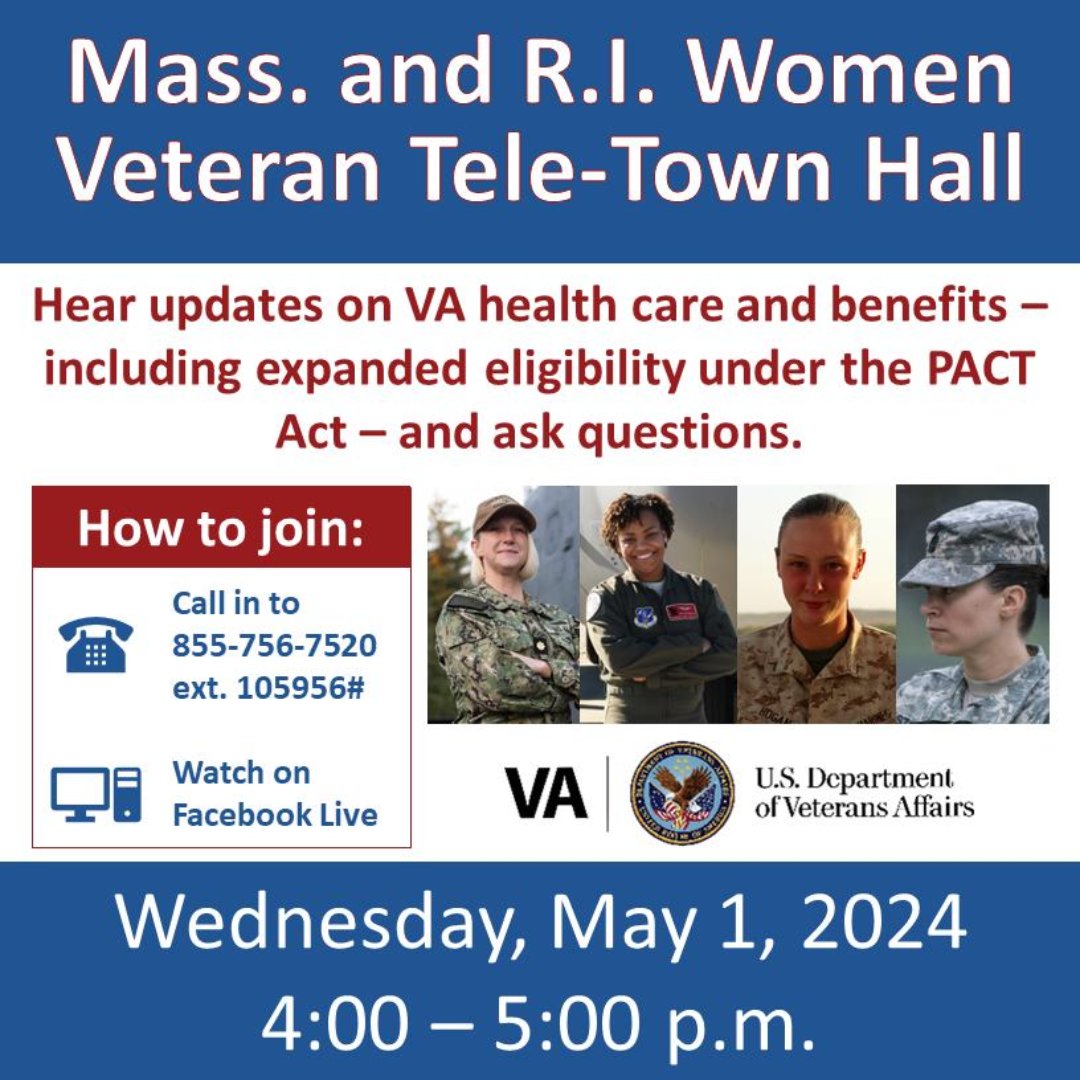 🌟 Calling all Women Veterans in Massachusetts and Rhode Island! 🌟

Join us for a Tele-Town Hall on Wednesday, May 1st, from 4-5 PM! 

#VAProvidence #VeteransAffairs #WomenVeterans #VATeleTownHall #PACTAct #VeteranHealthcare #VeteranBenefits