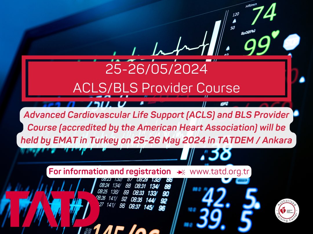American Heart Association tarafından akredite edilmiş İleri Kardiyak Yaşam Desteği Kursu 25-26 Mayıs 2024’te Ankara’da gerçekleşecektir.
🫀Detaylar ve kayıt için ➡️ tatd.org.tr/tatdem
<a href="/TrTATD/">Türkiye Acil Tıp Derneği - TATD (EMAT)</a>