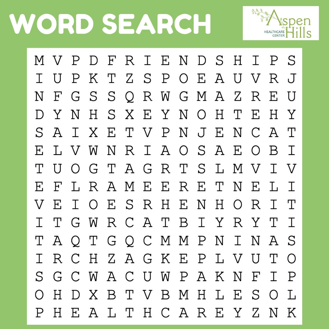 Dive into our Aspen Hills word search challenge and let the fun begin! 🕵️‍♂️💬 What were the first two words you found? Comment below! 🧩✨ 
#WordSearchFun #AspenHills #BrainTeaser #PembertonCommunity #SeniorFun #SeniorHealth #SkilledNursing