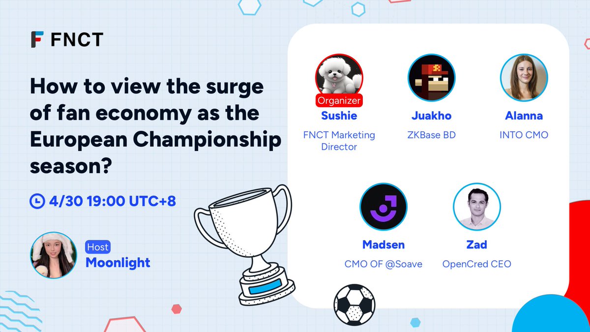 #FNCT #TwitterSpace: How to view the surge of fan economy as the European Championship season? ⏰Time: 7PM 4/30 UTC +8 🗣️Host: @Moon1ightSt 🗣️Organizer: @alltimesushie #FNCT Marketing Director 🗣️And our Guests: @zkbaseofficial; @IntoAlanna; @Madsen_Soave; @0x_zad 👉Space…