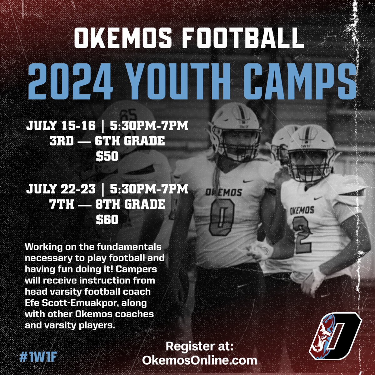 Summer time is approaching fast, and registration is now open for our youth camps this July for all 3rd-8th graders! 📍 Okemos HS Football Stadium Sign up at OkemosOnline.com ‼️ #1W1F