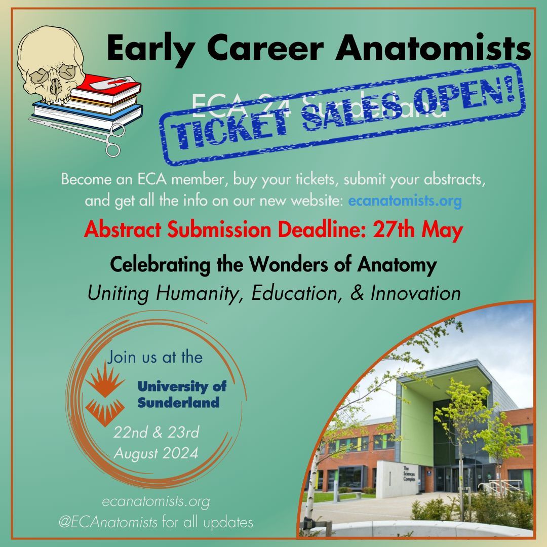 Registration is now open for the Early Career Anatomists Annual Meeting in Sunderland! 🎉 Get all the details and submit your abstracts by May 27th --> buff.ly/3wcW3B9 #Anatomy