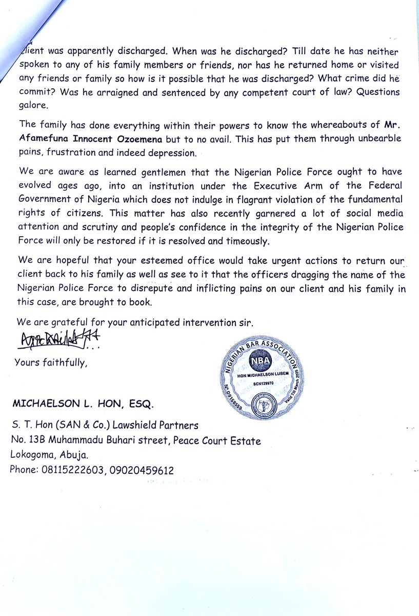 Due to the disturbing nature of this matter, involving the disappearance of Mr. Afamefuna Ozoemena since May 2019, I and my colleagues at S. T. (SAN) & co. decided to take on this matter pro bono. Today we served this petition on the IGP, seeking his prompt intervention.