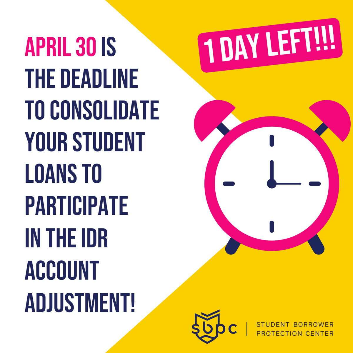 YOU HAVE 1️⃣ DAY LEFT to take advantage of the IDR Account Adjustment—which could get you closer to student debt cancellation. All you have to do is submit (not be processed) by tmrw! Find out if you need to consolidate your loans to do so & how to do it: bit.ly/IDR-account-ad…