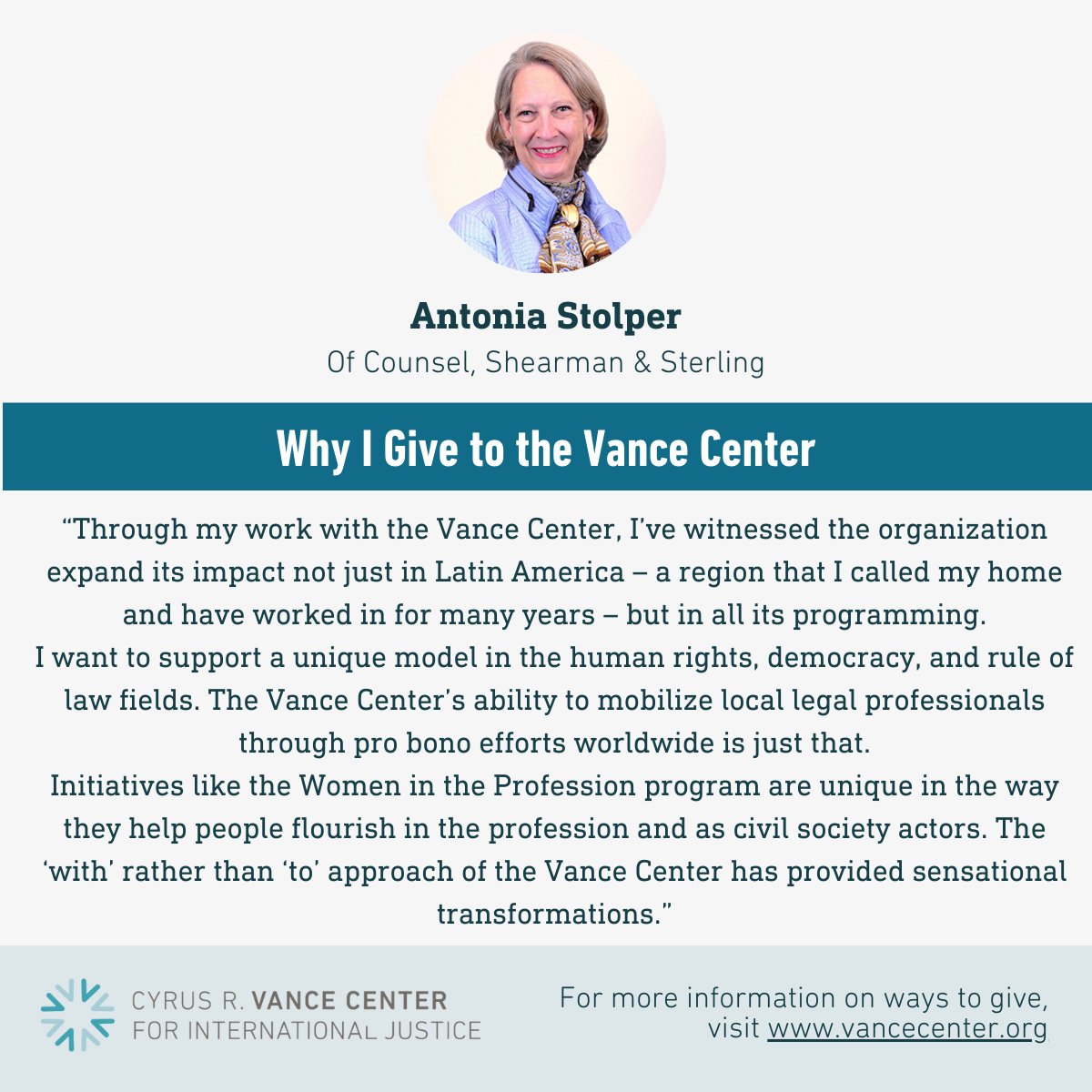 Before closing the books on this fiscal year, we want to acknowledge some of the individuals who generously give their time, resources, expertise, and more to support our work. This year, we asked a few of them: why does supporting the Vance Center matter to you?