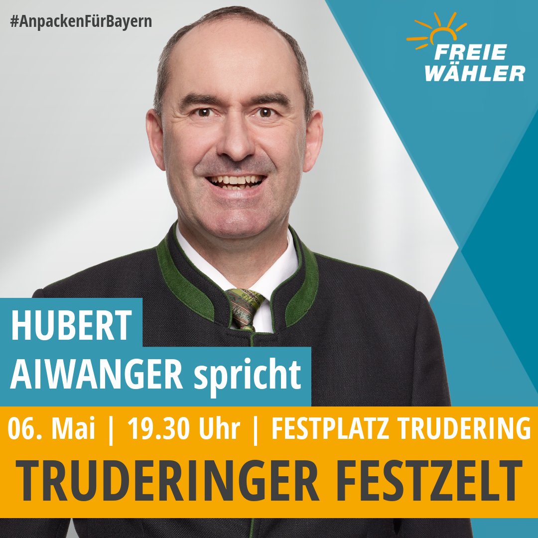 Hubert Aiwanger kommt zur 51. Truderinger Festwoche! 

@HubertAiwanger spricht am Montag, 6. Mai ab 19.30 Uhr im Truderinger Festzelt. 
📍Festplatz an der Wasserburger Landstraße | 🕕Einlass 18 Uhr 

👉 Kommt vorbei! #FREIEWÄHLER #PolitikFürDieBürger 💪🧡