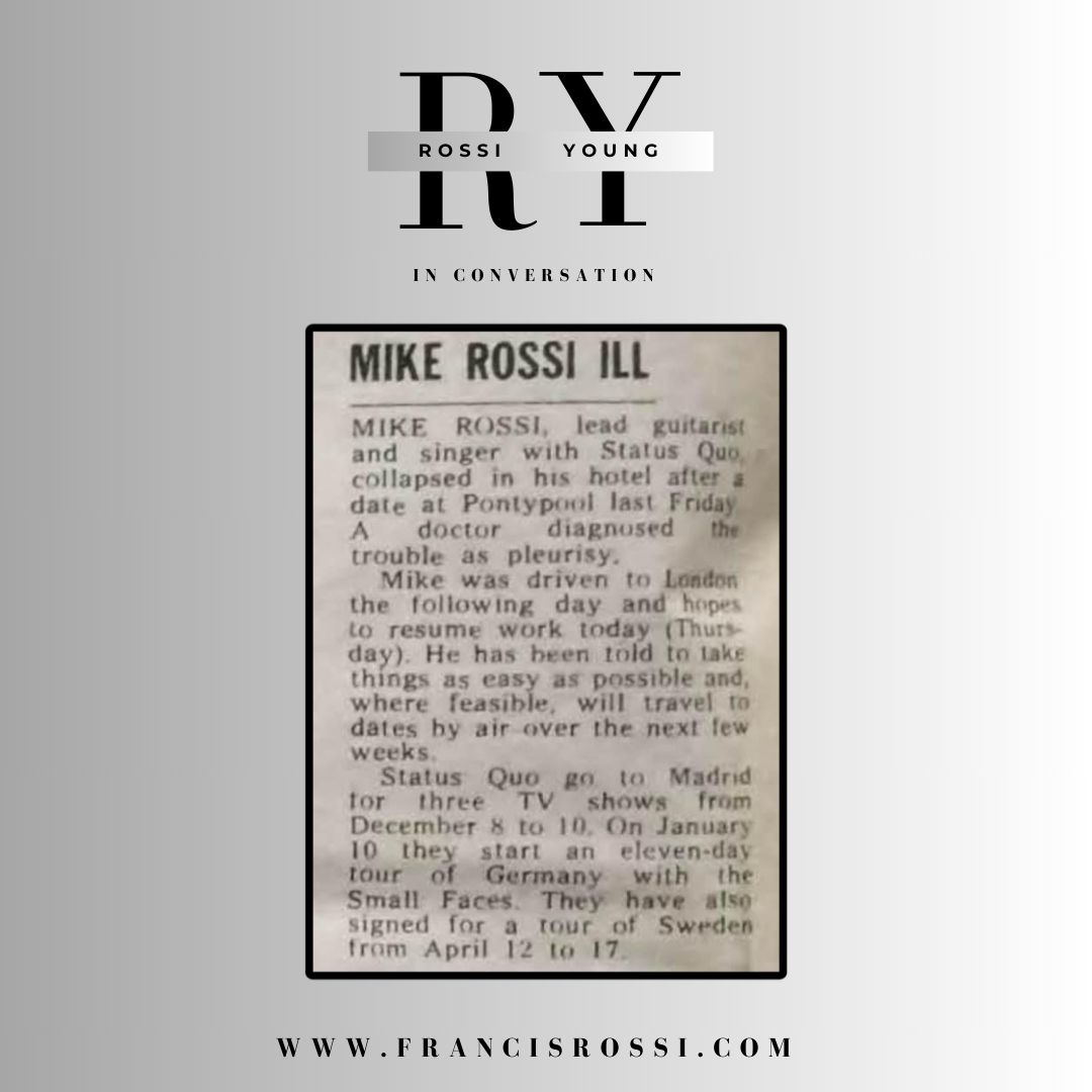 The latest episode of Rossi/Young In Conversation saw them chat about Bob being asked to stand in for FR when he had pleurisy.

Did Bob do the gig? All is revealed here:  youtu.be/vjpelIYEUU0

#francisrossi #BobYoung #inconversation #GOMOR
#statusquo