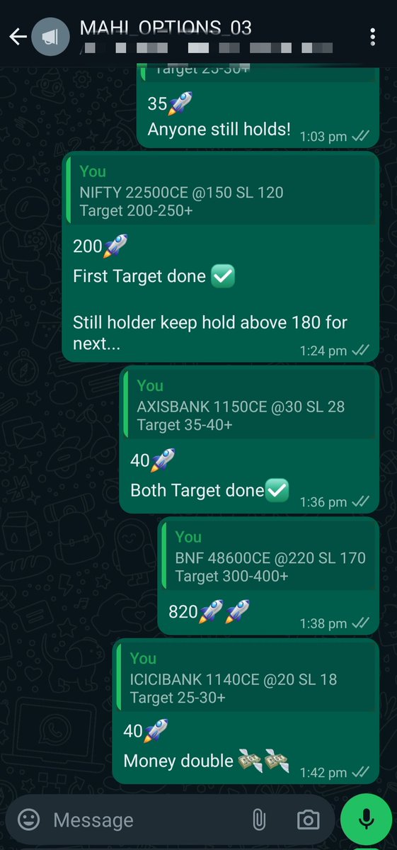 (Today's jackpot)

#AXISBANK 1150CE [30 to 42]*
#ICICIBANK 1140CE [20 to 44]*
#DIVISLAB 4100CE [140 to 180]
#SUNPHARMA 1540CE [33 to 40]*
#NIFTY 22500CE [150 to 225]*
#BANKNIFTY 48600CE [220 to 950]*

-Join our Telegram channel for free, Link is in bio👇