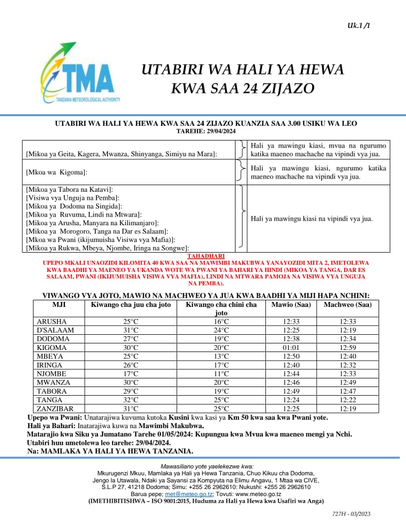 ⚠️Upepo mkali na mawimbi makubwa 30.04.2024