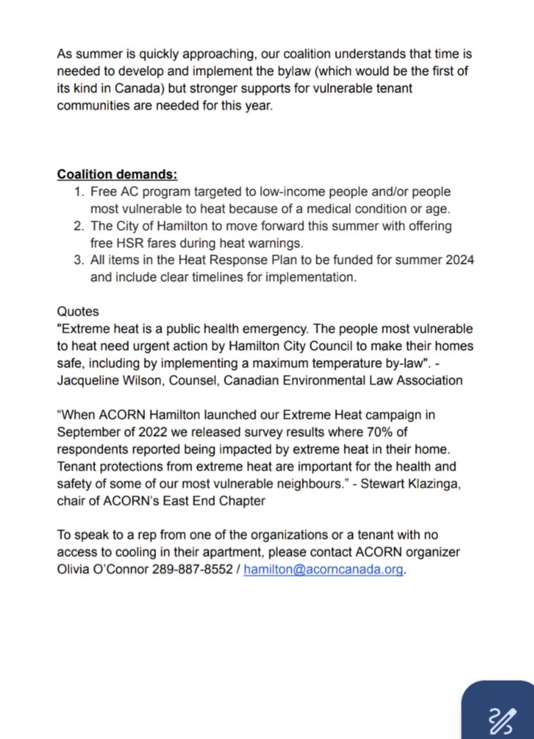 ACORN @CanEnvLawAssn @HamiltonJustice @EnvHamilton @Hamilton_350 will be delegating this morning to the Public Health Committee in support of tenant + community protections from extreme heat for summer 2024. Tune in to watch at 9:30AM. #HamOnt #ClimateJustice