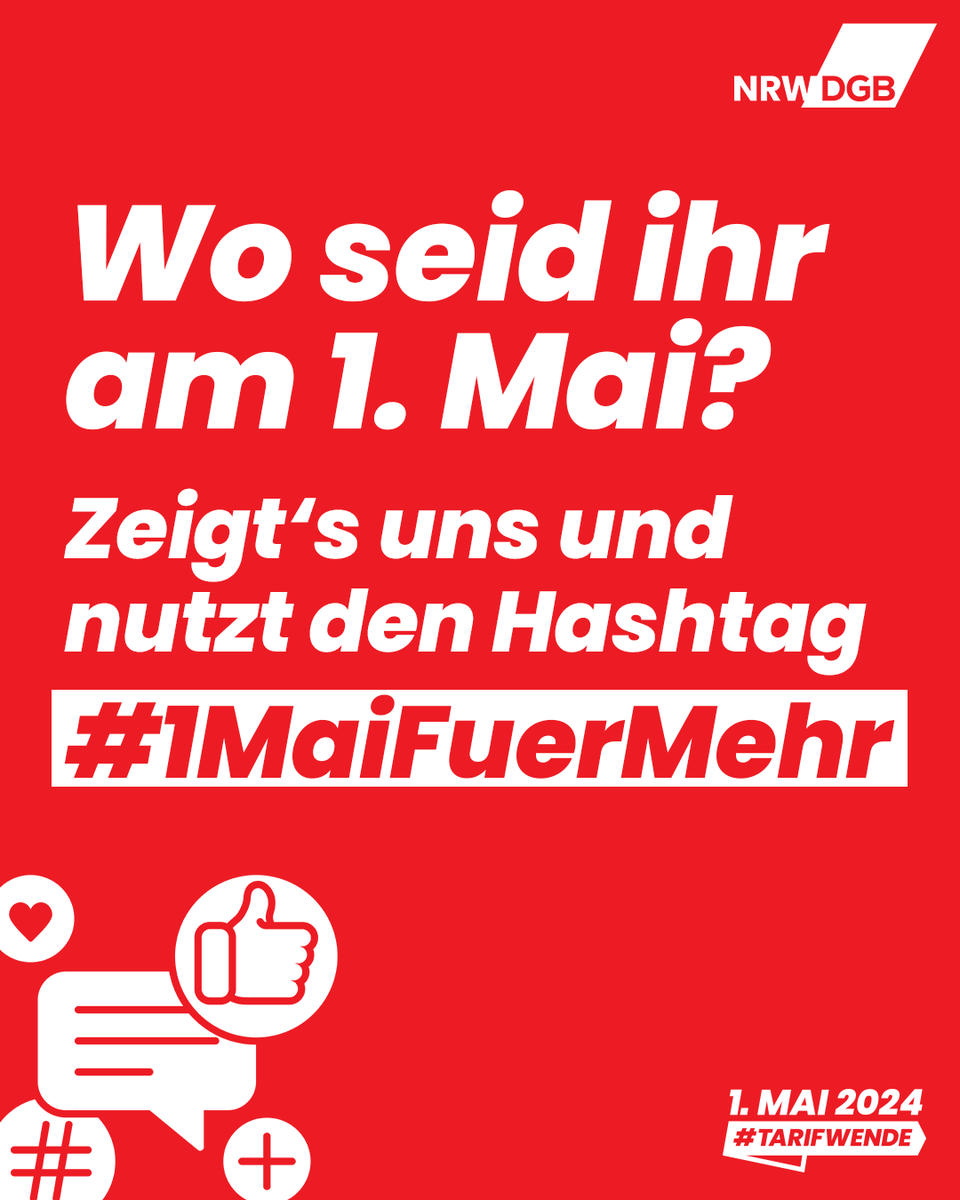 MORGEN. TAG DER ARBEIT. SEID DABEI!!! 🥳 #️⃣ Auch in den sozialen Netzwerken sind wir laut und setzen ein sichtbares Zeichen für eine gerechte und friedvolle Zukunft. Mach mit, nutze den Hashtag #1MaiFuerMehr und werde Teil unserer großen Social-Wall: dgb.de/erster-mai-tag…