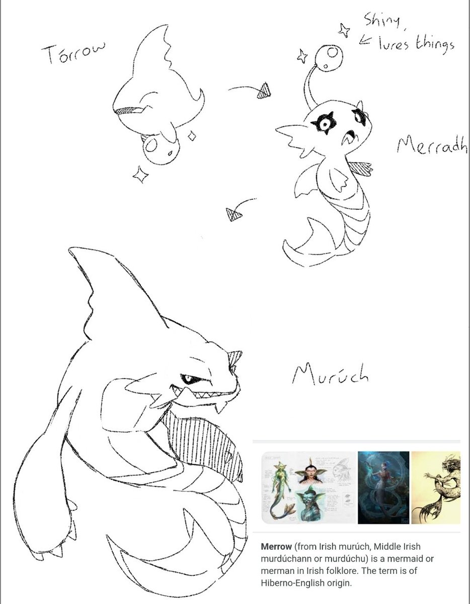 Throwback to the Irish pokedex project, I think this was one of the more solid designs I came up with, the Tórrow line, based on the Irish Merrow (merman)