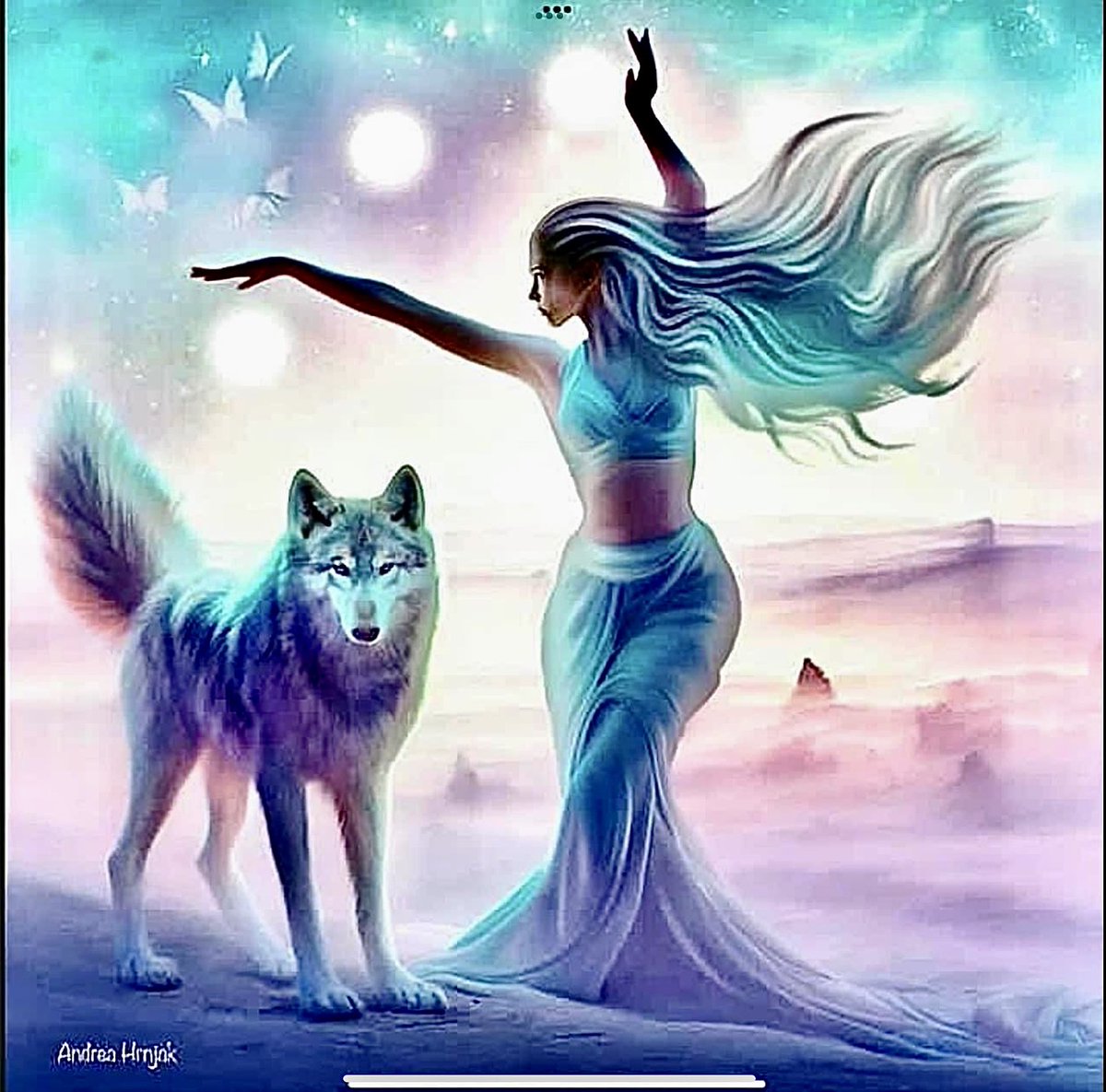 On the moon’s day we wear sky-blue. Art by Andrea Hrnjak. #coloroftheday #Mondayvibes #MondayMood #wolf #spiritanimal #WomensArt