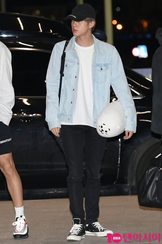 The ultimate boyfriend look — baseball cap, denim outfit, handsome face, and the cute RJ pillow #JIN #BTSJIN #진 #방탄소년단진