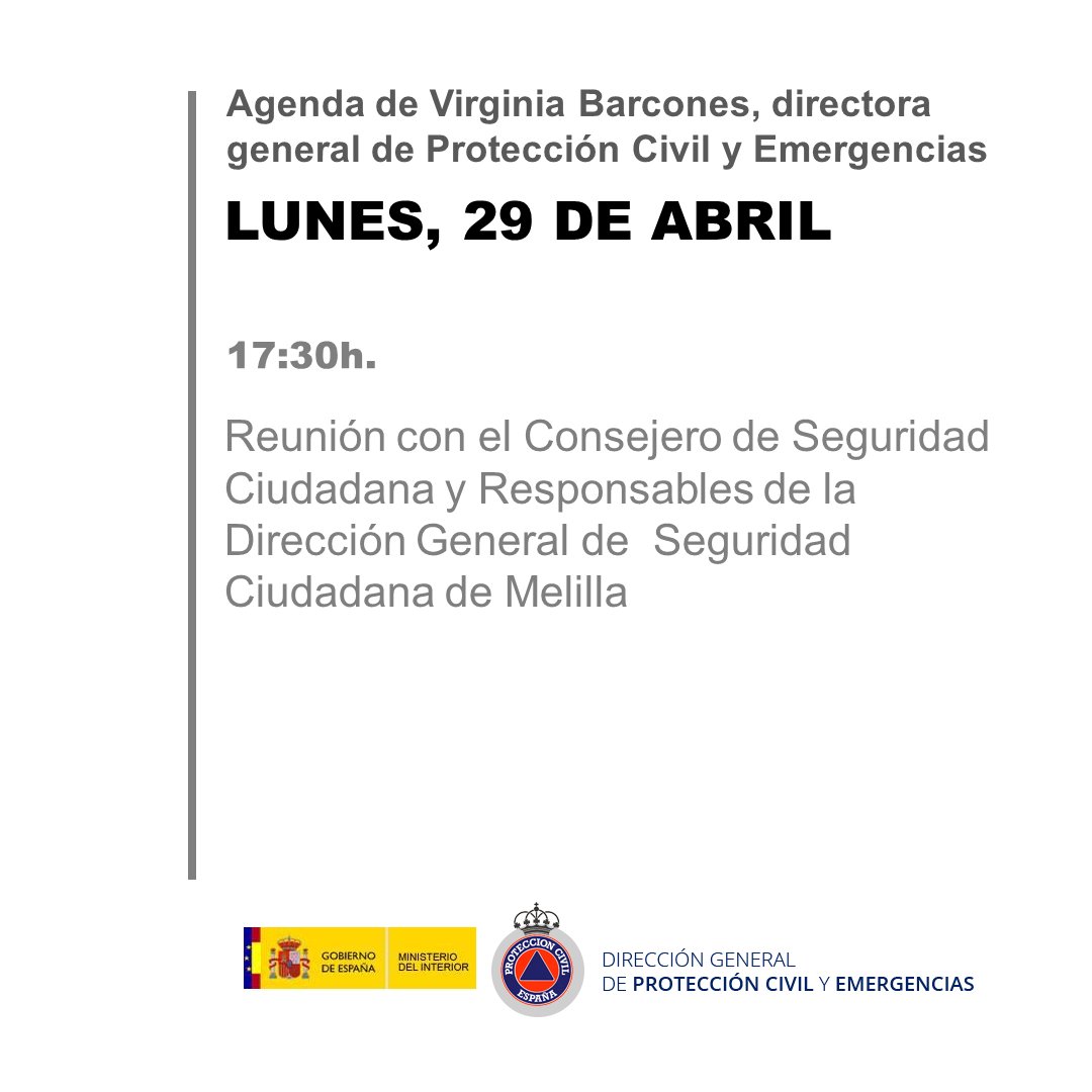 La agenda de @VirBarcones directora general de @proteccioncivil @interiorgob para hoy #lunes: 17:30 h. Reunión con el Consejero de Seguridad Ciudadana y con responsables de la Dirección General de Seguridad Ciudadana de #Melilla