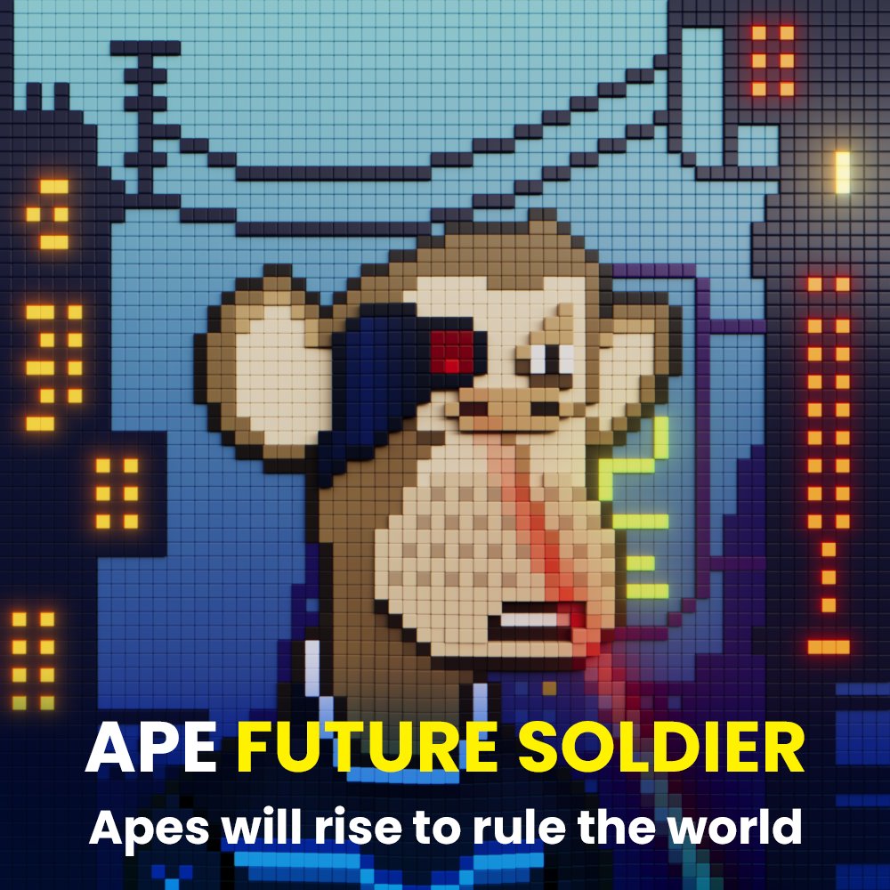 Ape Future Soldier.
 Apes will rise to rule the world.

exchange.art/single/AnCMF7f…

#NFT #NFTs #NFTCommunity #SolanaNFTs #DropYourNFTs #NFTArts #apeVoxel #NFTdrops #nftarti̇st @exchgART #BonkInu $bonk #bonk