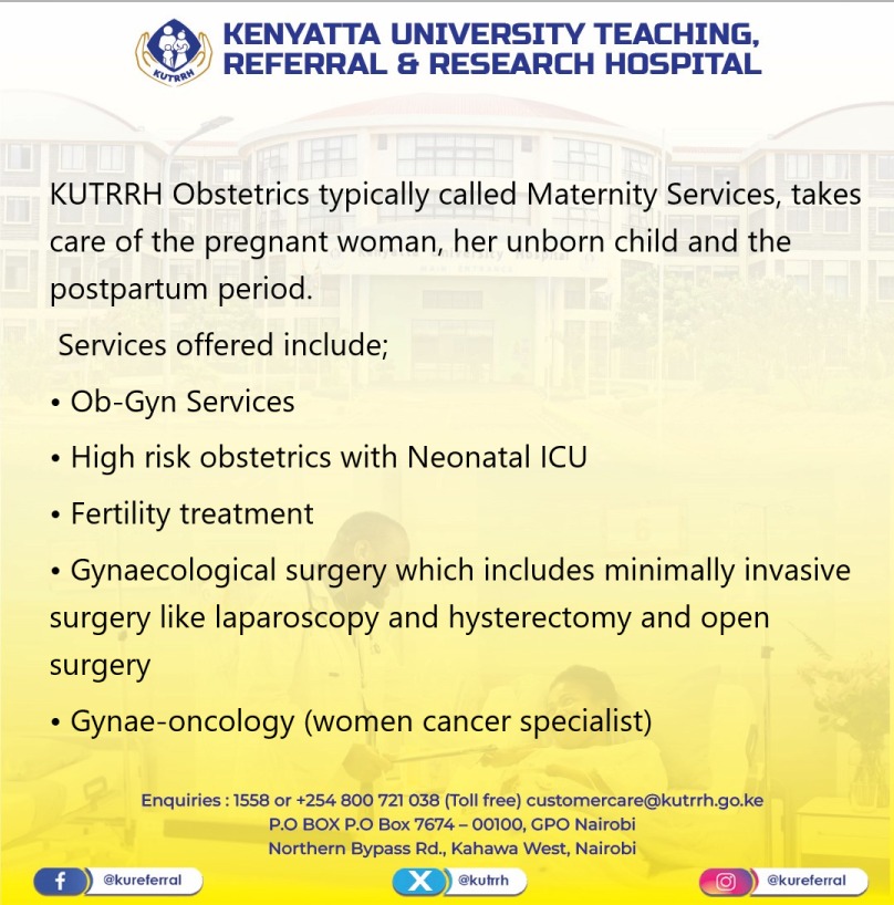 Need expert care during pregnancy and beyond? Look no further than KUTRRH Maternity Services! Our comprehensive offerings include Ob-Gyn services, high-risk obstetrics, fertility treatment, and more.
#MaternityCare #HealthyMomHealthyBaby
Read More:shorturl.at/ayIZ0