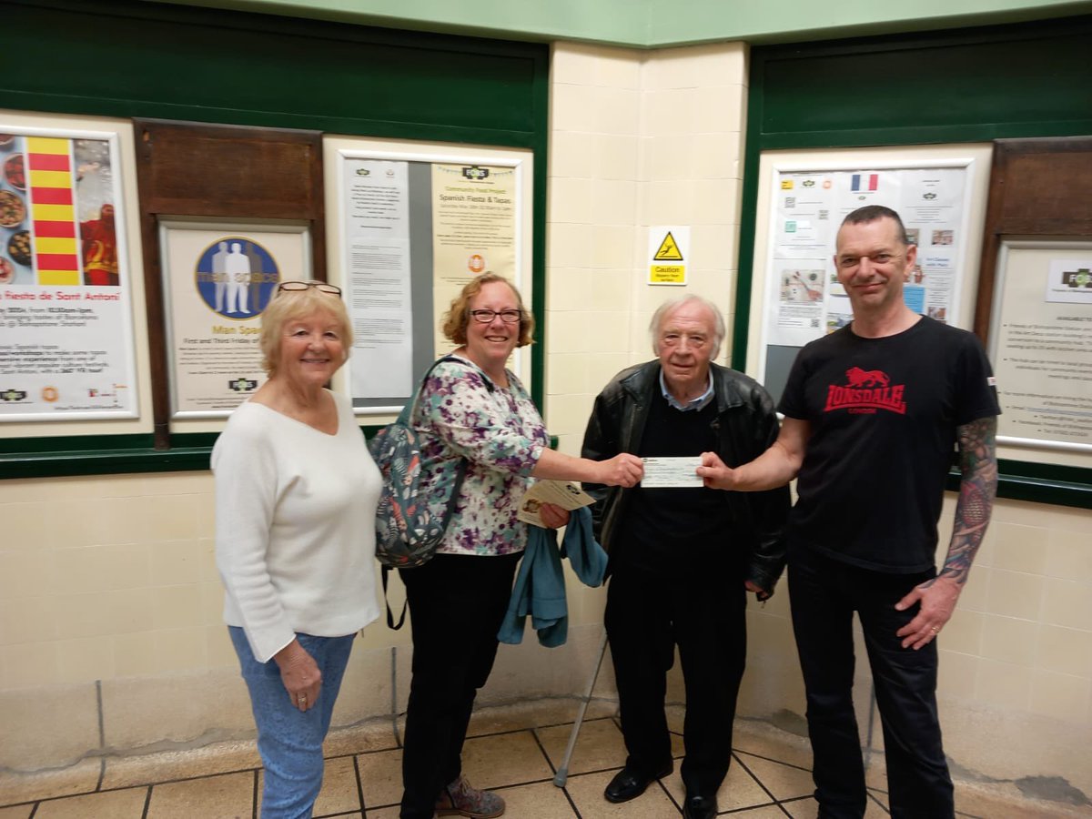 What a lovely gesture from the recently closed Old a town hall tea room community who presented us with a cheque for £1500 today at our Meet up Monday . Pictured Kath and Geoff in the middle of Barbara and Jim
