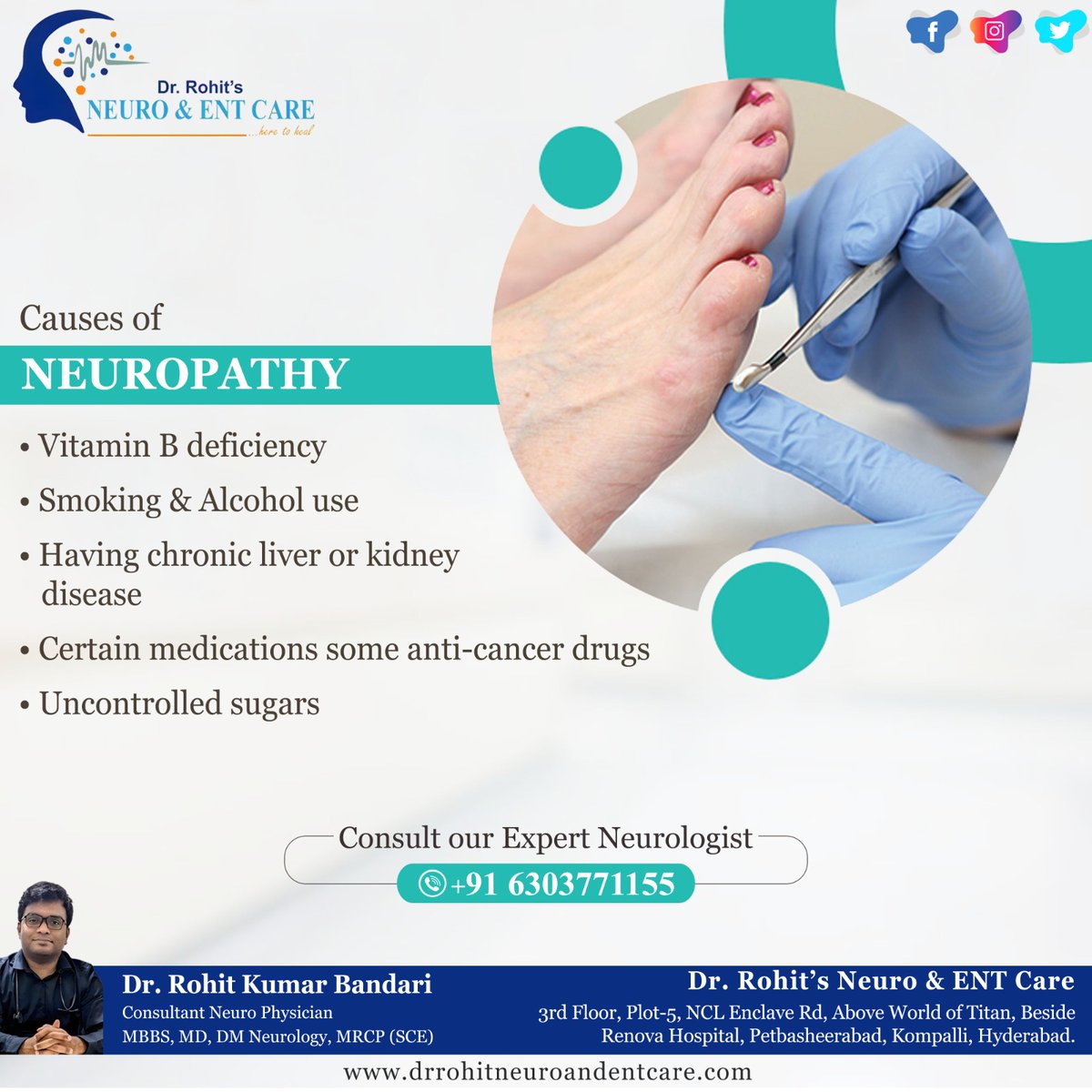 #Neuropathy can result from #diabetes, #infections, #injuries, #autoimmunediseases, #vitamindeficiencies, #medications, and #geneticfactors. Early detection and management are crucial.

 For more visit :
 drrohitneuroandentcare.com