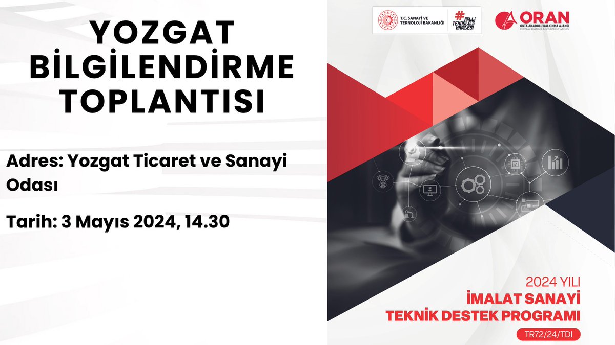 İmalat Sanayi Teknik Destek Programı bilgilendirmesi 3 Mayıs 2024 saat 14.30 @TsoYozgat'da gerçekleşecektir. 🗓️ 3 Mayıs 2024 🕝 14:30 📍 Yozgat TSO