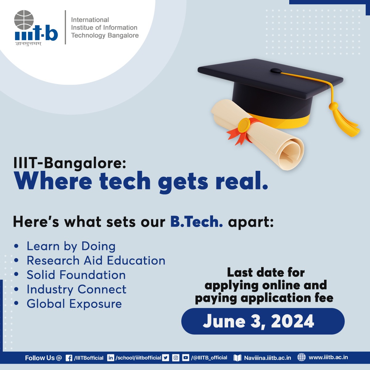 IIIT-Bangalore: Where tech gets real. Here's what sets our B.Tech apart: Learn by Doing Research Aid Education Solid Foundation for Success Industry Connect Global Exposure Apply Now: iiitb.ac.in/courses/btech-… #IIITB #IIITBangalore #AdmissionsOpen #BTech