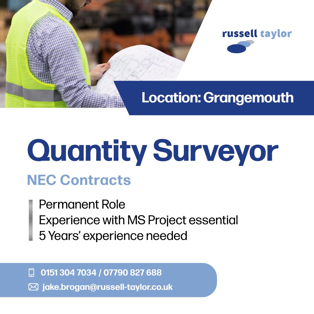 Quantity Surveyor
📍 Grangemouth
NEC Contracts

To apply, or for more information please contact Jake today on 0151 304 7034 / 07790 827 688 or email jake.brogan@russell-taylor.co.uk

#russelltaylorgroup #recruitment #quantitysurveyor #grangemouth #hiring