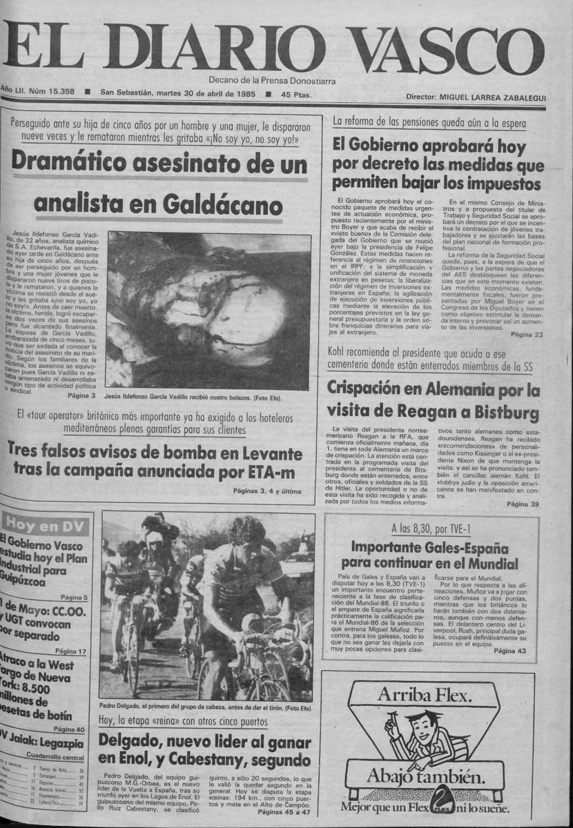 #TalDiaComoHoy 1985 #Galdakao. Jesús García Vadillo cogido de la mano de su niña se percató que alguien le seguía. No se equivocó, echó a correr, atinó a dejar a su hija a dos señoras con las que se topó en su huida. 'Os habéis equivocado' Otra historia de terror e impunidad🧵