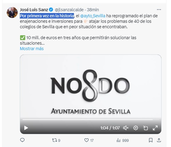 'Por primera vez en la historia', dice @jlsanzalcalde Por aclarar: el plan de enajenaciones de suelo y patrimonio municipal para inversiones en #Sevilla tiene 4 años (aprobado en 2020). No se quede corto en su hipérbole. Diga por primera vez en la historia del mundo mundial.