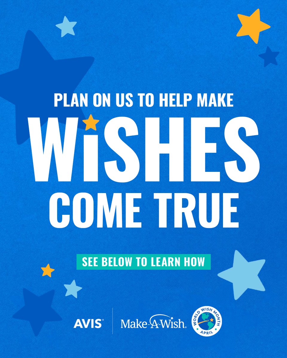 We are proud to be WishMakers. Join us in supporting @makeawish by booking today to save up to 35% off base rates, and 20% of your rental will be donated to help grant wishes: avis.com/en/offers/part…

#MakeAWish #WishMakersWanted #WorldWishMonth #WishMakers #Donation