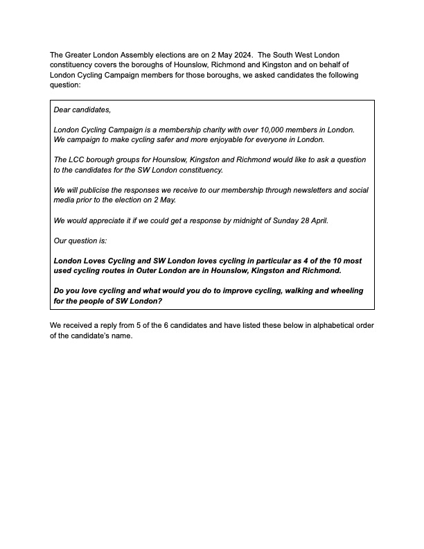 1/7 The GLA election SW London constituency covers Hounslow, Kingston and Richmond @HounslowCycling @RichmondCycling @KingstonCycling asked the candidates a question about cycling. Responses in alphabetical order hounslowcycling.org/the-greater-lo… @London_Cycling #LondonLovesCycling