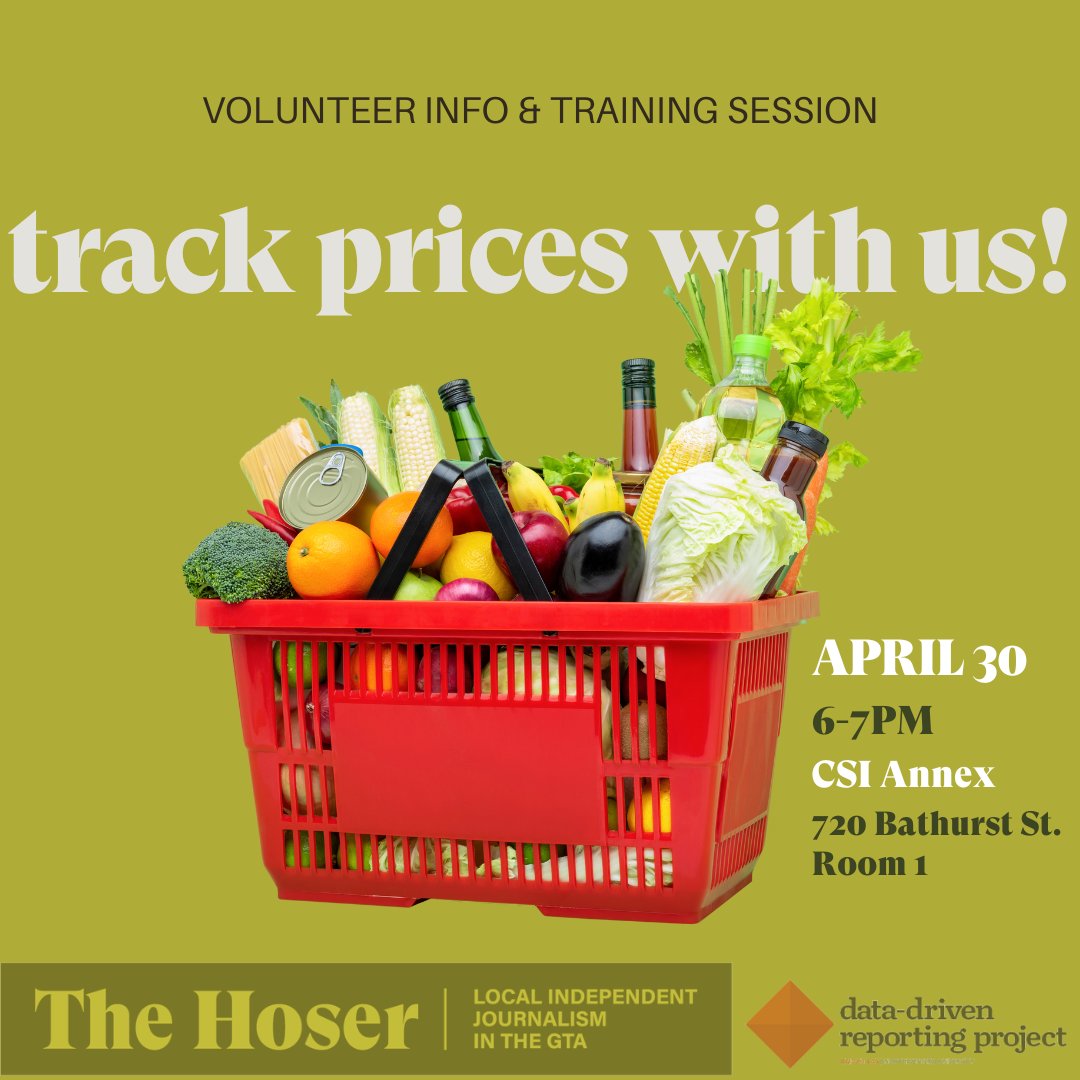 After 200 days of developing @TheHoserMedia database @bigshinytakes co-host and 'The Grocery Researcher' @ES_Wickham is hosting a community event at Kensington Market to collect grocery prices from local stores and your invited! Join the data-driven fun @csiTO tomorrow at 6pm🥕