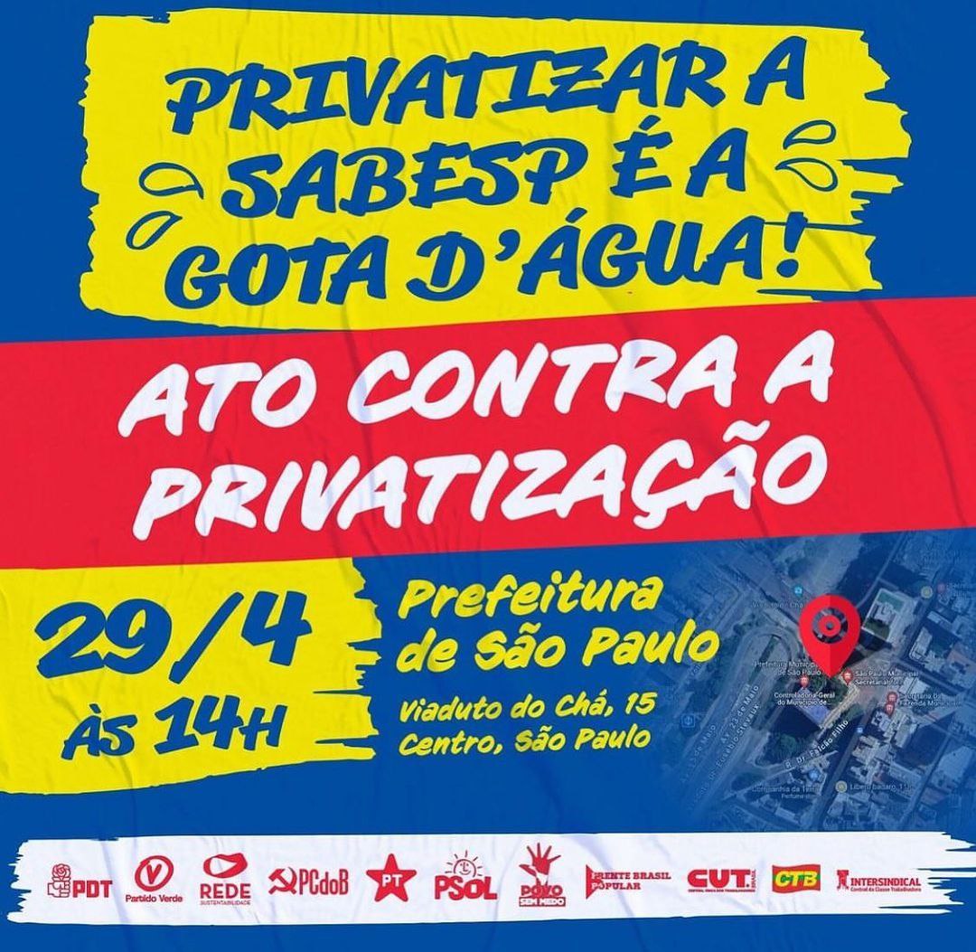 @Regrann from @ptsaopaulo  -  Privatização da Sabesp é a gota d’água . 💧

⏰Segunda-feira, 29 de abril, às 14h em frente a sede da prefeitura de São Paulo.  Participe!
#AlessandroGuedes #naoaprivatizaçãodasabesp #sabesp